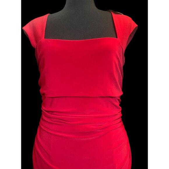 Lauren Ralph Lauren Midi Dress Women Red, size 10 Cap Sleeve Ruched Square Neckl - Picture 3 of 9
